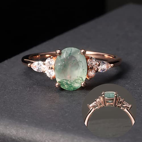 Women Gifts Natural Oval Green Moss Agate Rose Gold Engagement Ring Sterling Silver Women's Gold Rings Moss Agate Jewelry(Size8)