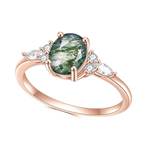 Women Gifts Natural Oval Green Moss Agate Rose Gold Engagement Ring Sterling Silver Women's Gold Rings Moss Agate Jewelry(Size8)