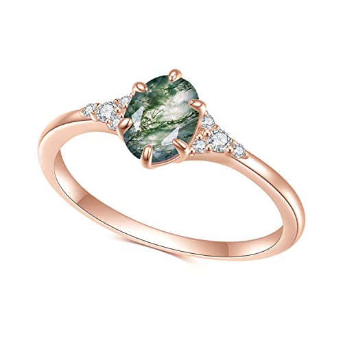 Engagement Rings Women Gifts Natural Oval Green Moss Agate Rose Gold Ring Sterling Silver women Gold Rings Moss Agate Jewelry(Size8)