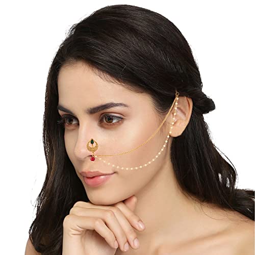 Efulgenz Multipack of Indian Lotus Nose Rings Hoop with Chain Faux Pearl Nath Nathni Nose Pin Stud Fake Septum Ring Indian Jewelry for Wedding Kundan Crystal Non Piercing Body Jewelry for Brides Women