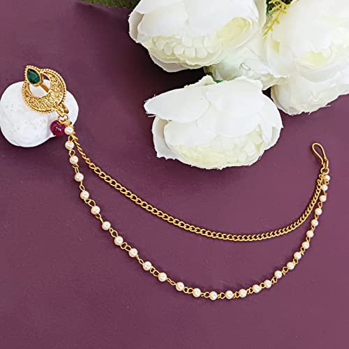 Efulgenz Multipack of Indian Lotus Nose Rings Hoop with Chain Faux Pearl Nath Nathni Nose Pin Stud Fake Septum Ring Indian Jewelry for Wedding Kundan Crystal Non Piercing Body Jewelry for Brides Women