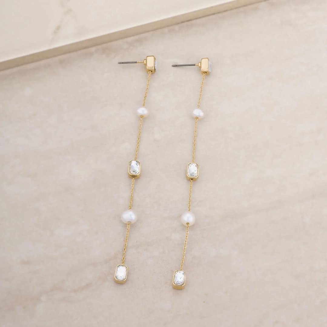 Ettika Gold Earrings. Pearl Earrings For Women. Freshwater Pearl and Crystal Linear 18k Gold Plated Dangle Earrings. Birthday Gifts For Women