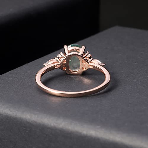 Women Gifts Natural Oval Green Moss Agate Rose Gold Engagement Ring Sterling Silver Women's Gold Rings Moss Agate Jewelry(Size8)