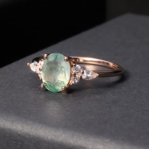 Women Gifts Natural Oval Green Moss Agate Rose Gold Engagement Ring Sterling Silver Women's Gold Rings Moss Agate Jewelry(Size8)