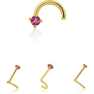 14K Solid Yellow Gold Natural Genuine Pink Tourmaline Nose Stud 20 GA, Twisted Crooked Screw Nose Stud, Screw Nose Stud, Body Jewelry Real Gold (2mm)