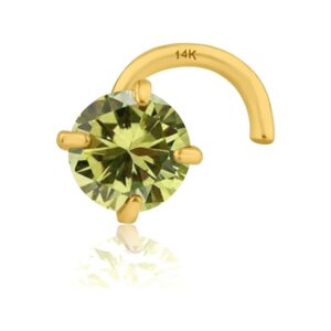 14K Solid Yellow Gold Natural Genuine Peridot Olive Nose Stud 20 GA, Twisted Crooked Screw Nose Stud, Screw Nose Stud, Body Jewelry Real Gold (2.50mm)