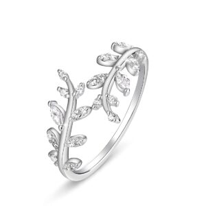 FOREVER QUEEN Olive Leaf Ring 925 Sterling Silver Adjustable Open Band Ring Fashion Rings for Women Wedding Engagement Anniversary Valentine's Day