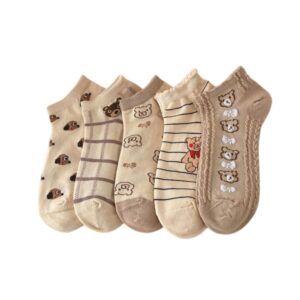 4/5/6/8/10 pairs cute low cut ankle sock winter gifts for women floral ankle thermal socks women short socks casual cotton socks (5 pairs-brown combo)