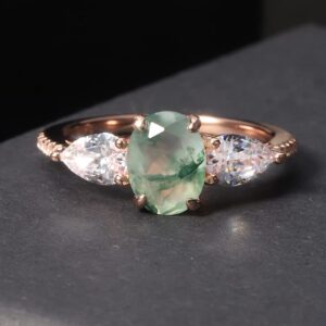 Gem's Beauty Gifts for Her 1.19CT Natural Moss Agate Rose Gold Engagement Ring Sterling Silver Women's Gold Rings Moss Agate Jewelry(Size7)