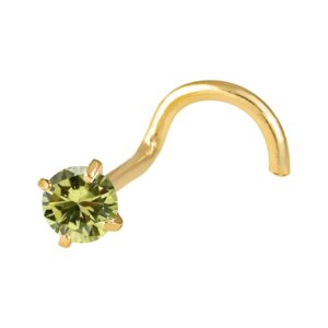 14k solid yellow gold natural genuine peridot olive nose stud 20 ga, twisted crooked screw nose stud, screw nose stud, body jewelry real gold (2.50mm)