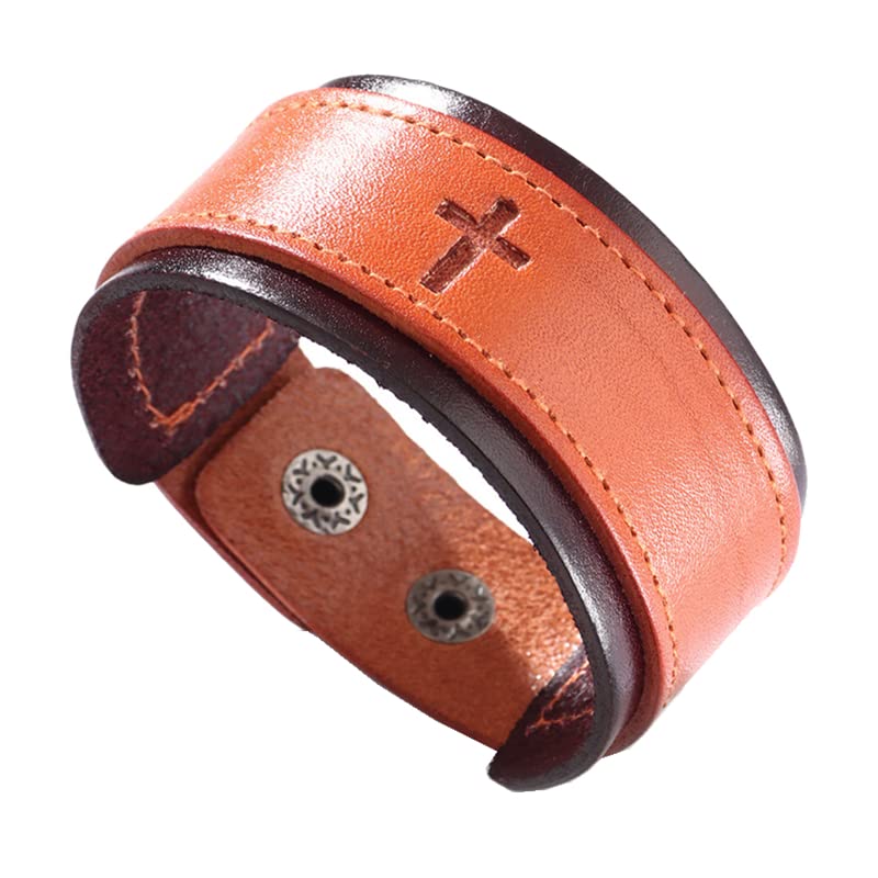 Sofyca Adjustable Leather Bracelet with Cross Christian Jesus Faith Leather Bracelet Christ Baptism Catholic Jewelry Fashion Jewelry Gifts(Brown)