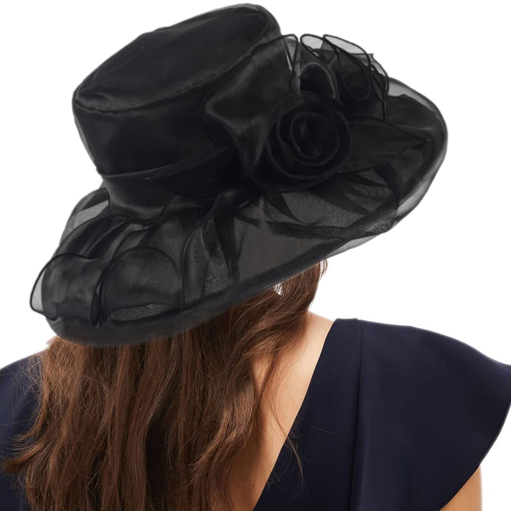 FORBUSITE Women Kentucky Derby Hats Black Church Wedding Bridal Cocktail Hat with Organza Flower