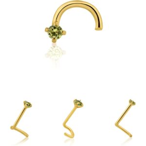 14K Solid Yellow Gold Natural Genuine Peridot Olive Nose Stud 20 GA, Twisted Crooked Screw Nose Stud, Screw Nose Stud, Body Jewelry Real Gold (2.50mm)