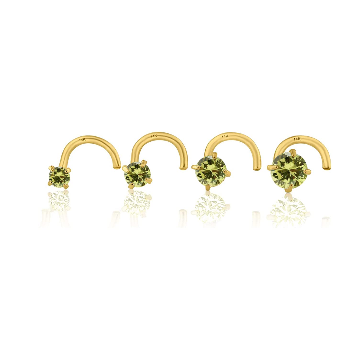 14K Solid Yellow Gold Natural Genuine Peridot Olive Nose Stud 20 GA, Twisted Crooked Screw Nose Stud, Screw Nose Stud, Body Jewelry Real Gold (2.50mm)