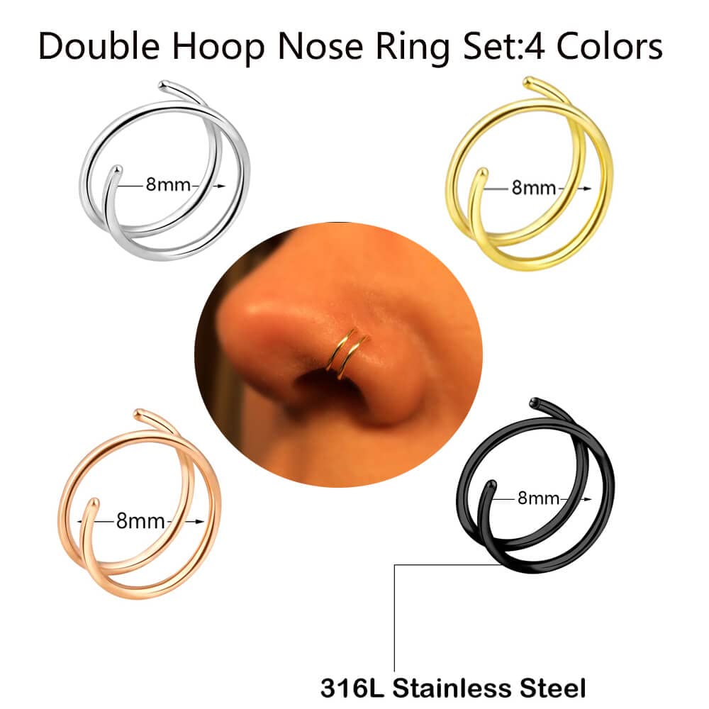 Double Hoop Nose Ring for Single Piercing,Snug Spiral Nose Ring 20G 8mm Thin Nose Rings Hoops Piercing Jewelry for Women Men(Right Side 4PCS 8mm)