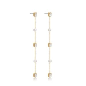 Ettika Gold Earrings. Pearl Earrings For Women. Freshwater Pearl and Crystal Linear 18k Gold Plated Dangle Earrings. Birthday Gifts For Women