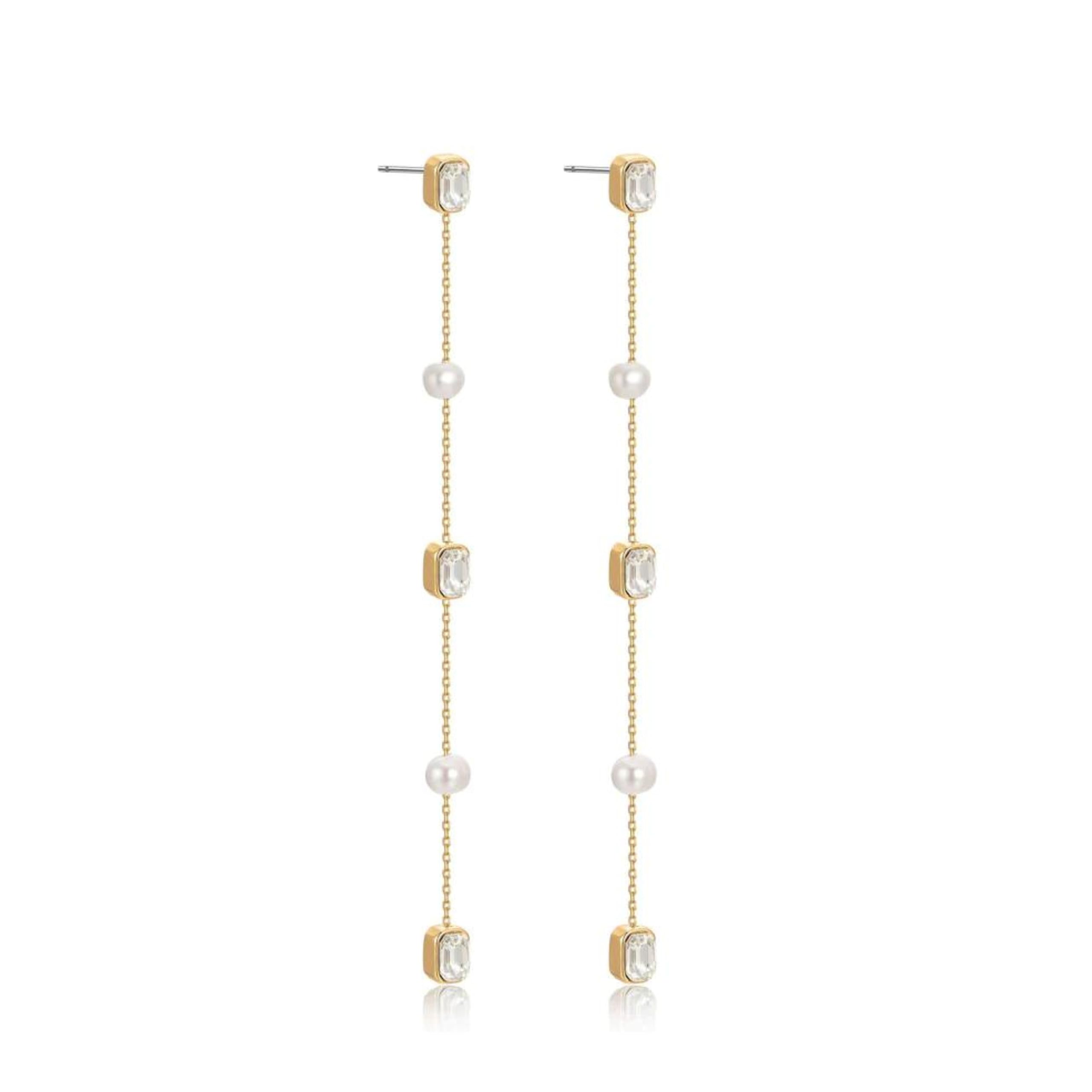 Ettika Gold Earrings. Pearl Earrings For Women. Freshwater Pearl and Crystal Linear 18k Gold Plated Dangle Earrings. Birthday Gifts For Women