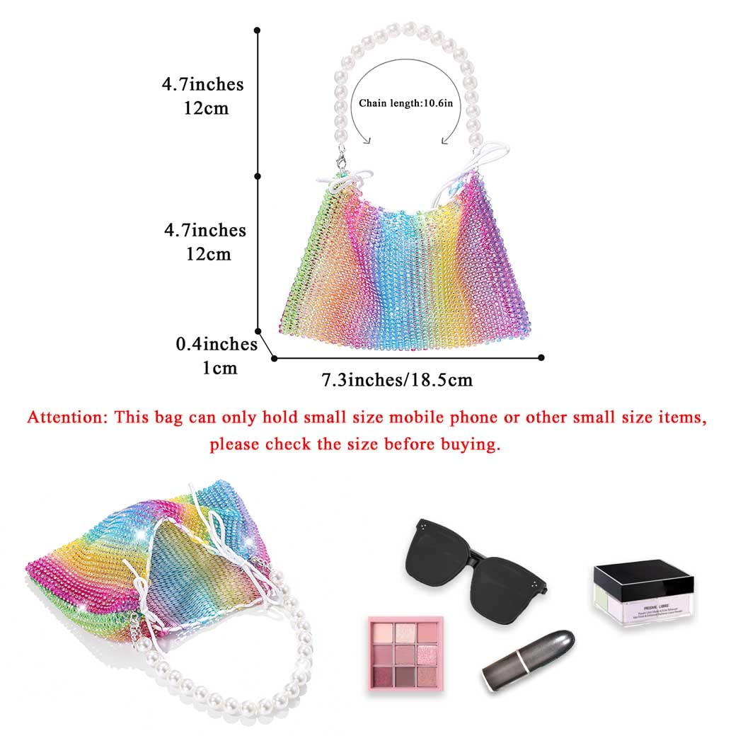 Yokawe Mini Rhinestone Purses for Women Evening Handbags Sparkly Mesh Cell Phone Wallet for Vacation Club Party Wedding (Rainbow)