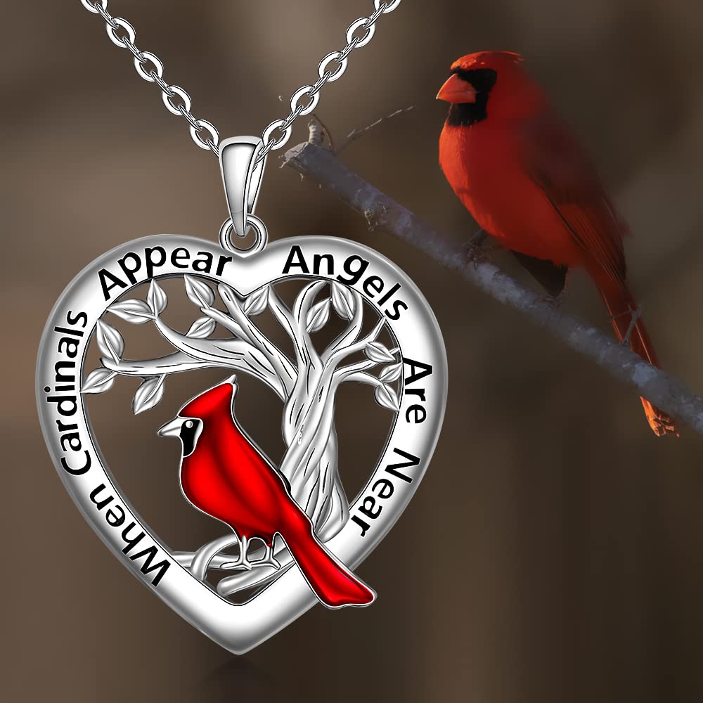 Red Cardinal Necklace for Women Sterling Silver Heart Tree of Life When Cardinal Appear Angels Are Near Necklace Pendant Memorial Bird Jewelry Gifts