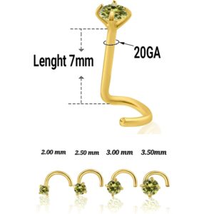 14K Solid Yellow Gold Natural Genuine Peridot Olive Nose Stud 20 GA, Twisted Crooked Screw Nose Stud, Screw Nose Stud, Body Jewelry Real Gold (2.50mm)