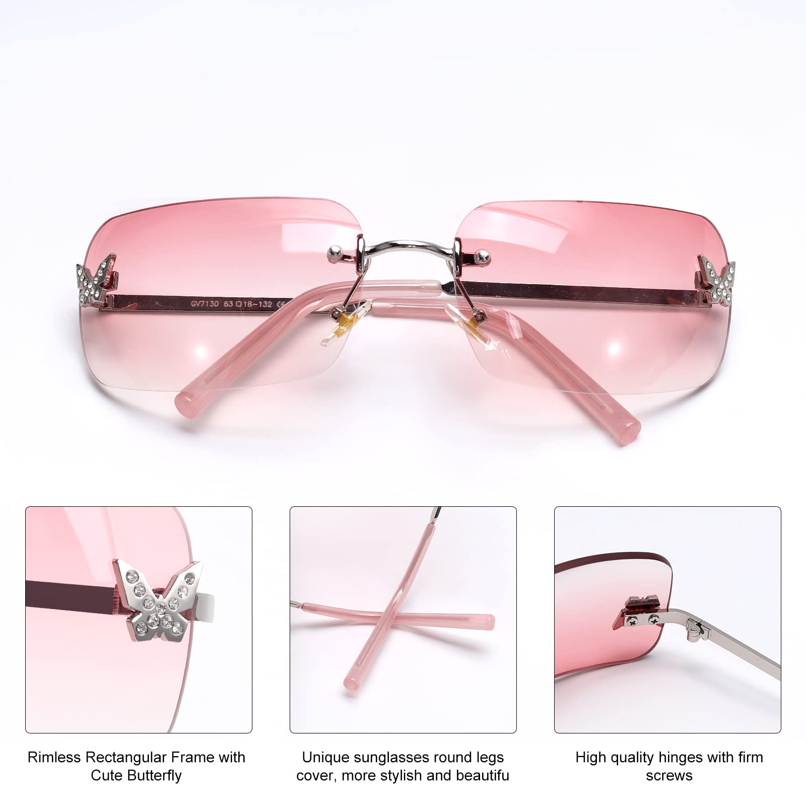 Rectangle Y2k Sunglasses for Women,Trendy Rimless Gradient Pink Sunglasses Retro Square Vintage Shades