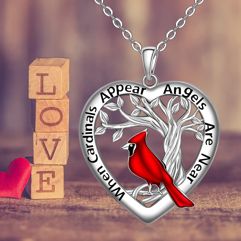 Red Cardinal Necklace for Women Sterling Silver Heart Tree of Life When Cardinal Appear Angels Are Near Necklace Pendant Memorial Bird Jewelry Gifts