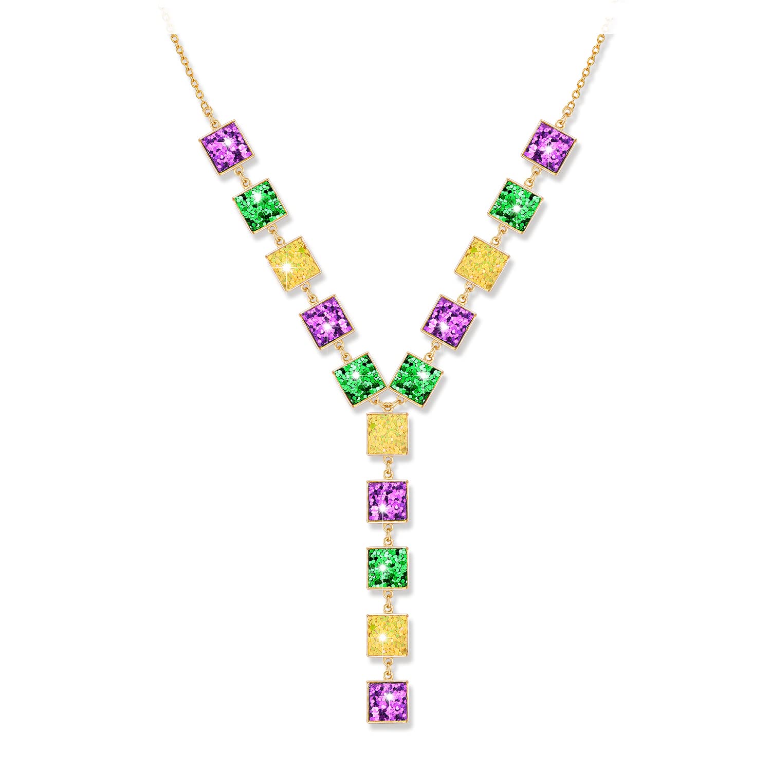 ZOLEAROPY Mardi Gras Necklace Glitter Purple Green Gold Y Drop Necklace for Women Mardi Gras Carnival Parade Party Jewelry Gift (mardi gras Y Necklace)