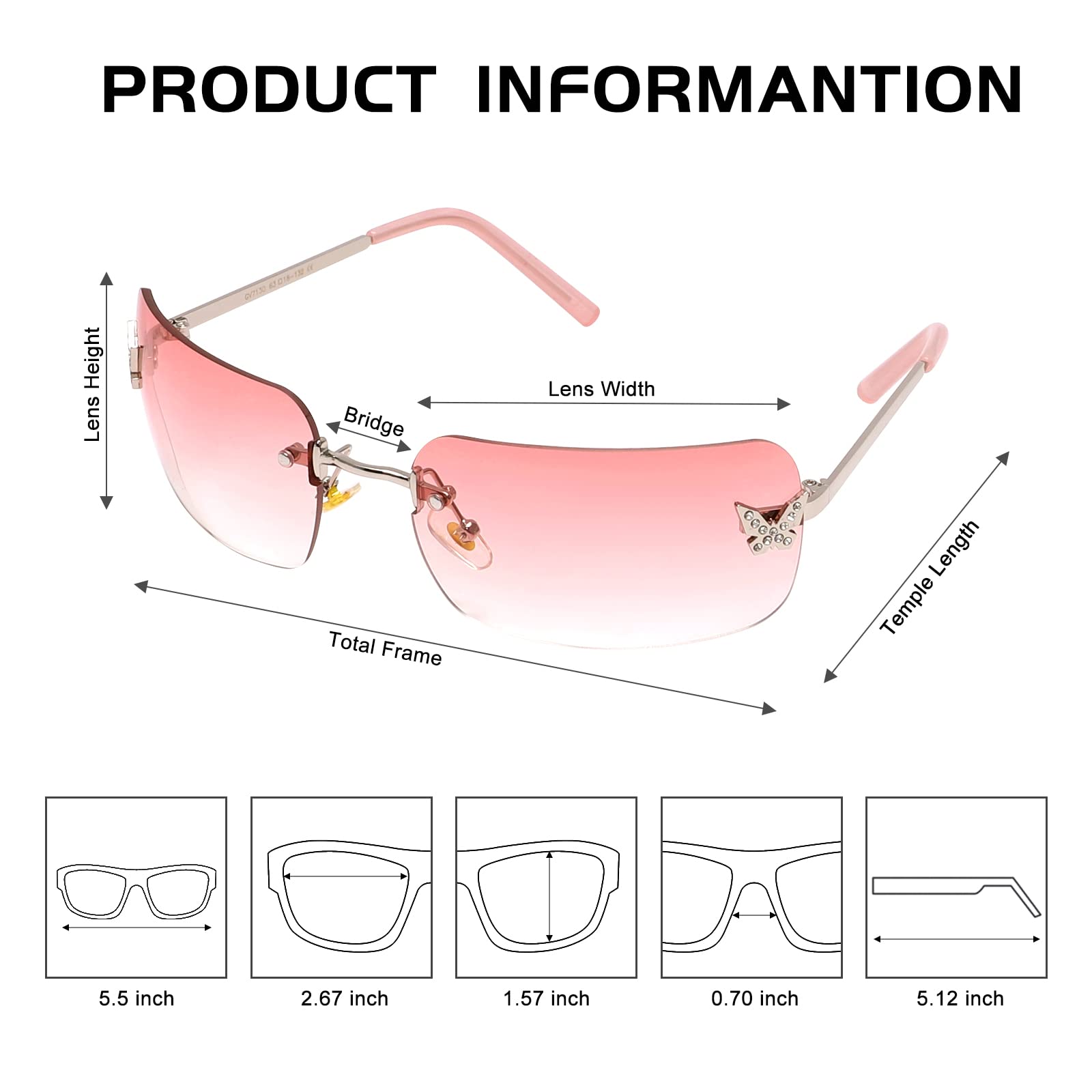 Rectangle Y2k Sunglasses for Women,Trendy Rimless Gradient Pink Sunglasses Retro Square Vintage Shades