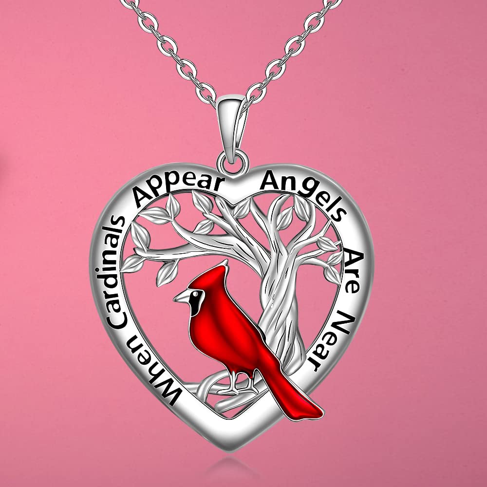 Red Cardinal Necklace for Women Sterling Silver Heart Tree of Life When Cardinal Appear Angels Are Near Necklace Pendant Memorial Bird Jewelry Gifts