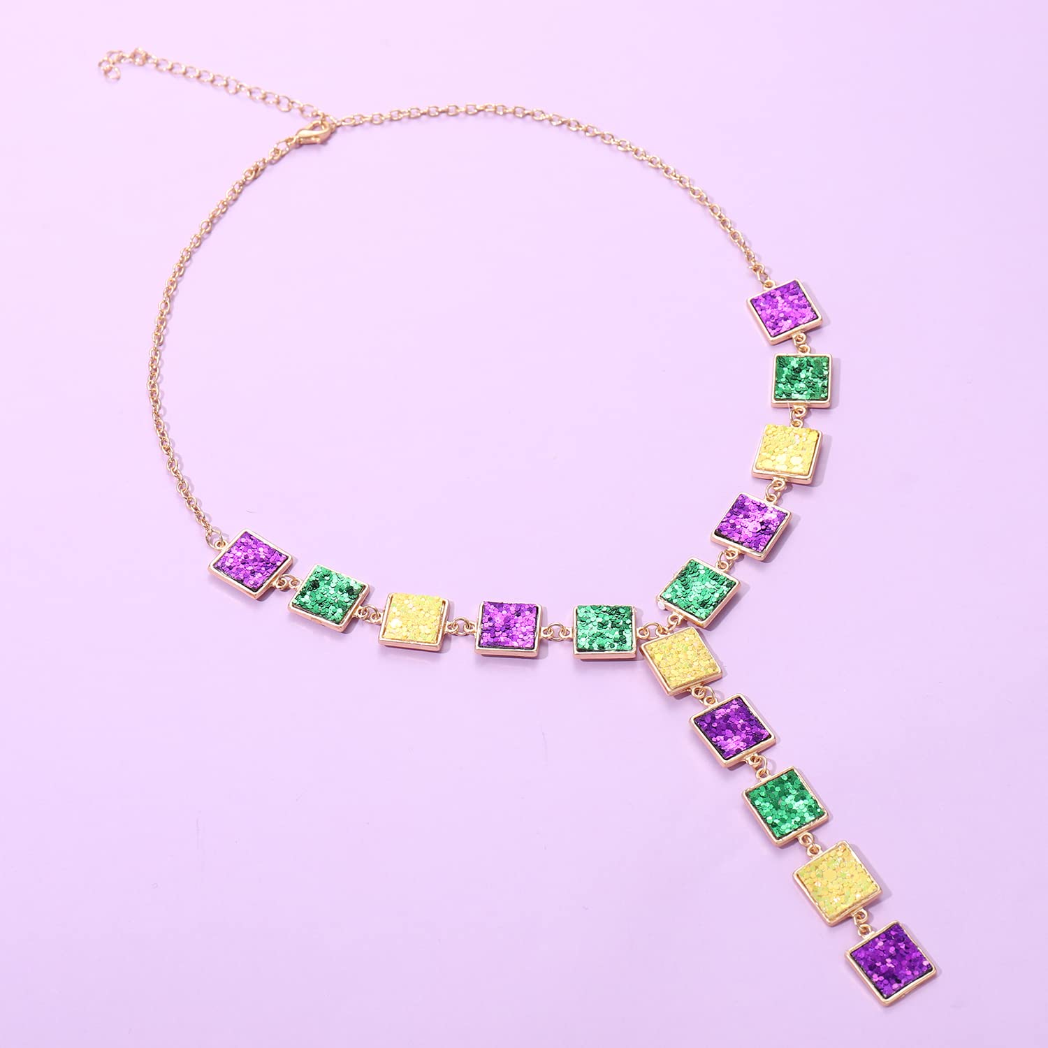 ZOLEAROPY Mardi Gras Necklace Glitter Purple Green Gold Y Drop Necklace for Women Mardi Gras Carnival Parade Party Jewelry Gift (mardi gras Y Necklace)