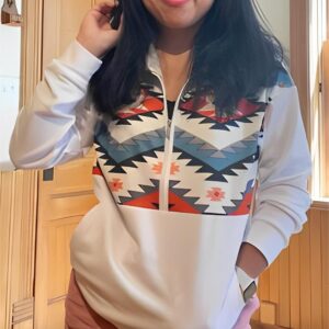 Fronage Women's Half Zip Sweatshirt Western Aztec Sweater, Casual Long Sleeve Mexico Ethnic Graphic Pullover Tops White, L