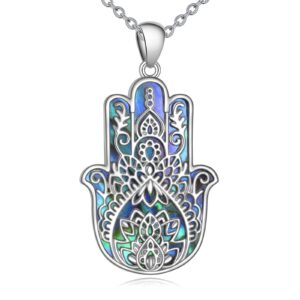 VONALA Hamsa Necklace 925 Sterling Silver Hand of Fatima Necklace Lotus Flower Pendant Good Luck Jewelry Gift for Women Men