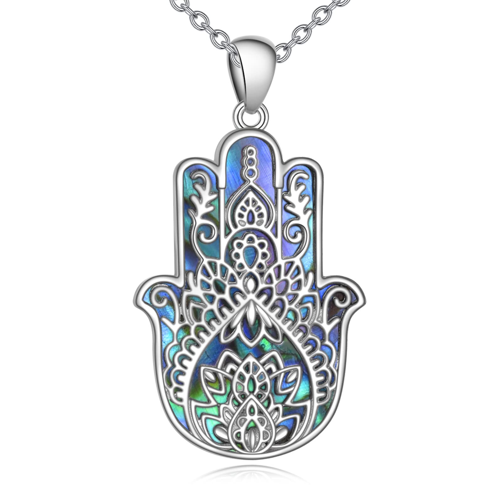 VONALA Hamsa Necklace 925 Sterling Silver Hand of Fatima Necklace Lotus Flower Pendant Good Luck Jewelry Gift for Women Men