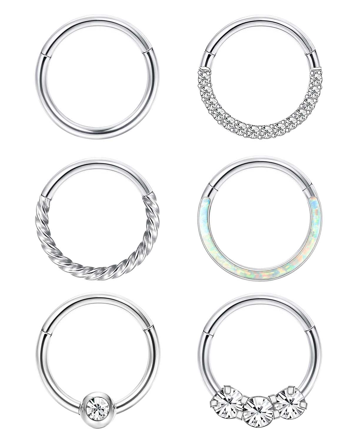 Jstyle 6Pcs Septum Rings 16G 18G Surgical Steel Nose Rings Hoop for Women Cartilage Hoop Earring Clicker Septum Jewelry Opal Hinged Nose Ring Lip Helix Daith Rook Tragus Nose Piercing Jewelry 18G 10mm