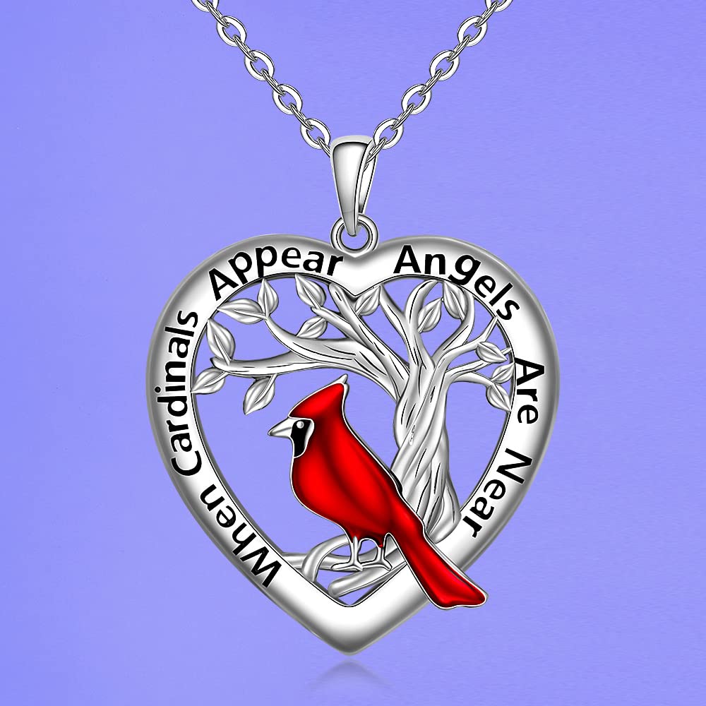 Red Cardinal Necklace for Women Sterling Silver Heart Tree of Life When Cardinal Appear Angels Are Near Necklace Pendant Memorial Bird Jewelry Gifts