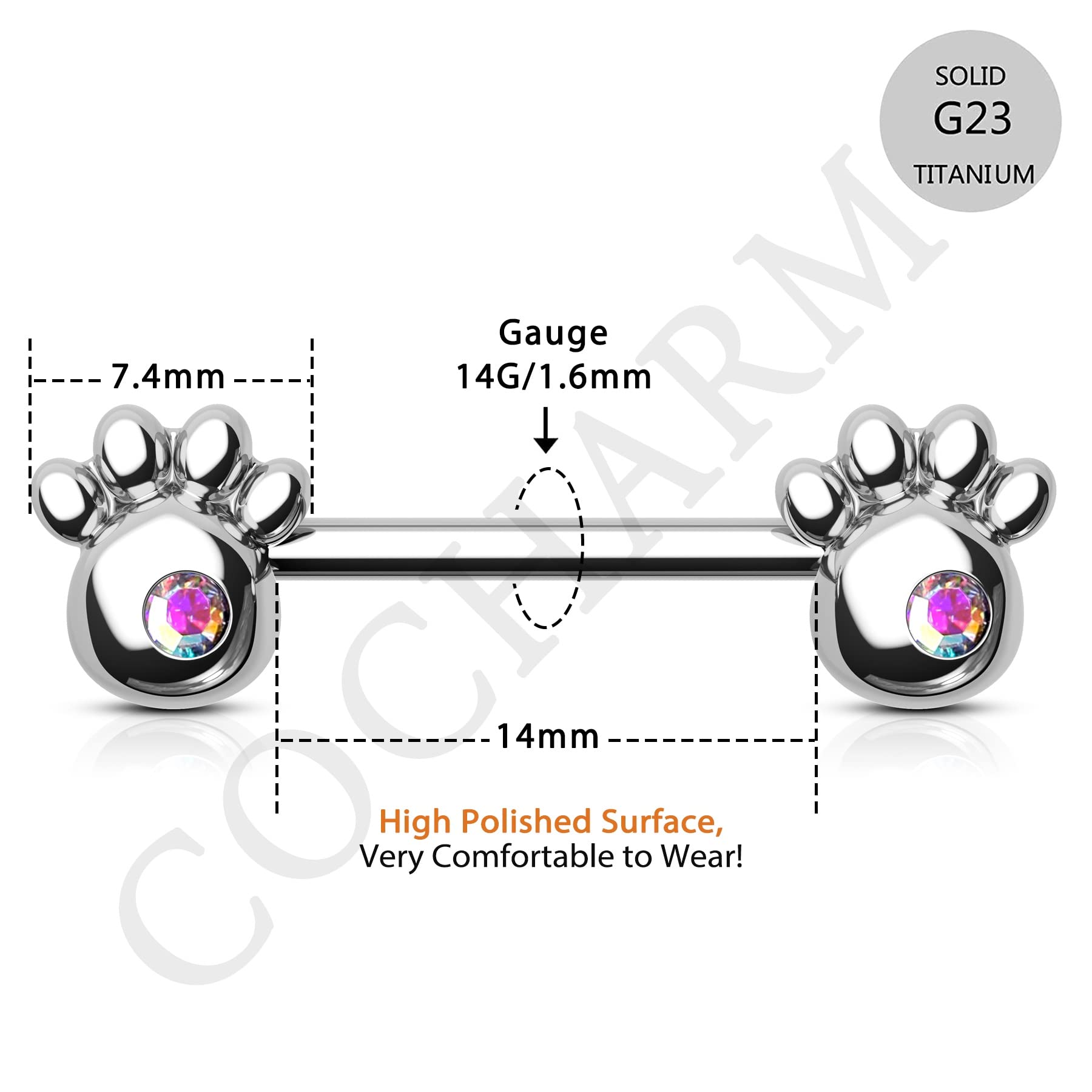 COCHARM 2pcs G23 Solid Titanium Nipple Rings for Women 14g Dog Paw Print Nipple Barbells 14mm Hypoallergenic Nipple Piercing Cute Nipple Jewelry