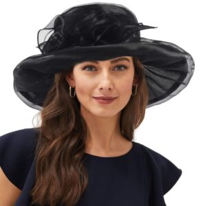 FORBUSITE Women Kentucky Derby Hats Black Church Wedding Bridal Cocktail Hat with Organza Flower