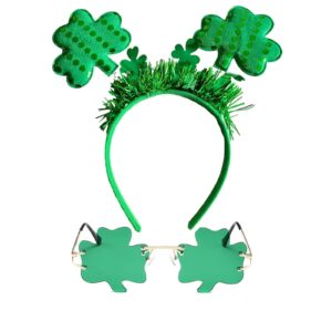 eyigylyo St. Patrick's Day Shamrock Headband with Shamrock Glasses Set, Irish Shamrock Hairband Green Clover Boppers Headwear for Women Girls Kids St. Patrick's Day Costume Accessories