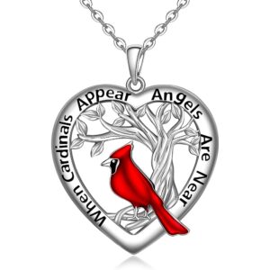 Red Cardinal Necklace for Women Sterling Silver Heart Tree of Life When Cardinal Appear Angels Are Near Necklace Pendant Memorial Bird Jewelry Gifts