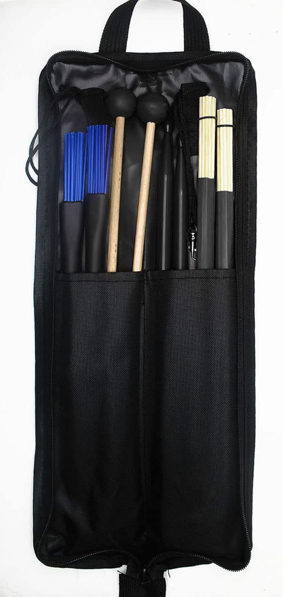 TUOREN Drum Stick Bag Portable Drumstick Storage Handbag with Drumsticks Drum Brushes Stick Set 4Pair Percussion Instrument Accessories for Jazz Acoustic Drummer Practice, Rock Band, Students Black