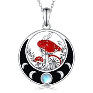 Mushroom Necklace Sterling Silver Moonstone Moon Phase Pendant Necklace Magical Mushroom Jewelry Gifts for Women