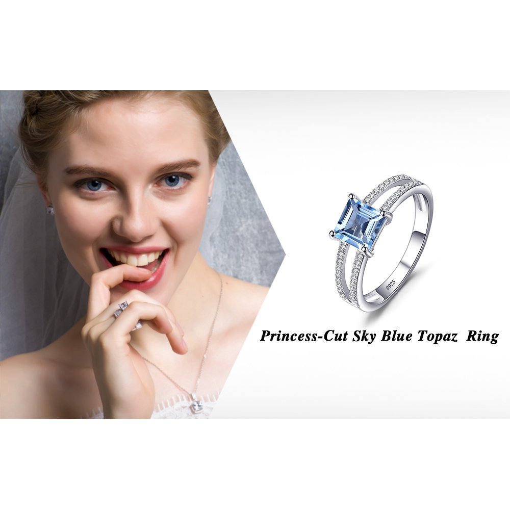 JewelryPalace Princess Cut 1.2ct Genuine Blue Topaz Solitaire Rings for Her, 14K White Gold Plated 925 Sterling Silver Promise Ring for Women, Natural Gemstone jewelry Sets Rings 6.5