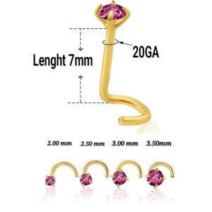 14K Solid Yellow Gold Natural Genuine Pink Tourmaline Nose Stud 20 GA, Twisted Crooked Screw Nose Stud, Screw Nose Stud, Body Jewelry Real Gold (2mm)