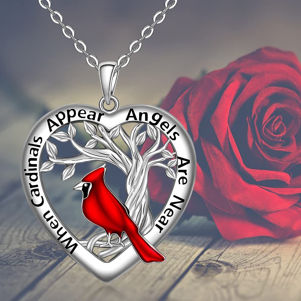 Red Cardinal Necklace for Women Sterling Silver Heart Tree of Life When Cardinal Appear Angels Are Near Necklace Pendant Memorial Bird Jewelry Gifts