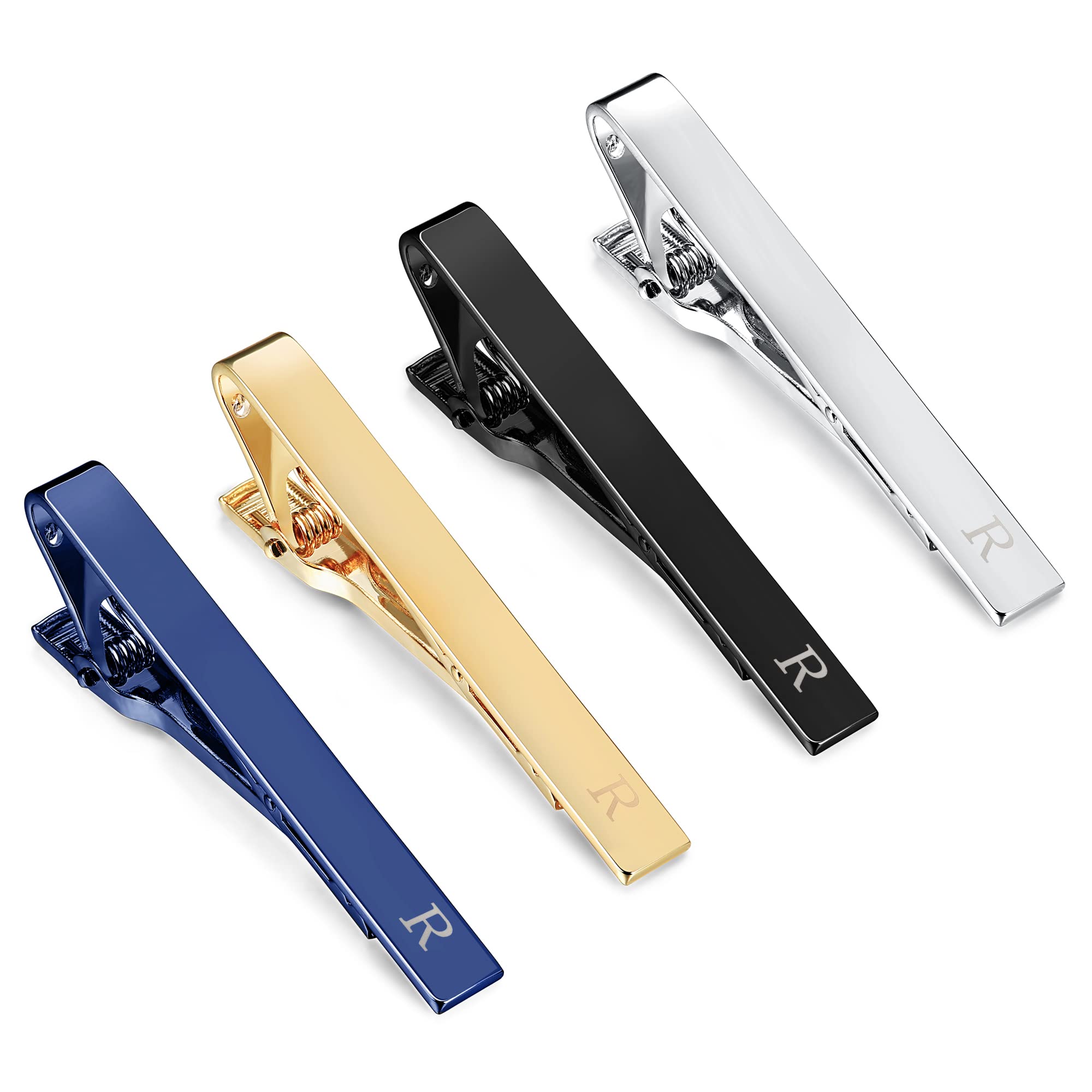 LOYALLOOK Initial Tie Clips for Men Set Tie Bar Black Blue Gold Silver Tie Clip Gift for Men Husband Letter R