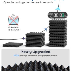 Sonicism 12 Pack Pyramid Sound Proof Foam Panels with Self-Adhesive, 12" X 12" X 2" Acoustic Foam Panels of High Density, Soundproof Wall Panels Fast Expand, Sound Absorption and Decoration (Black)