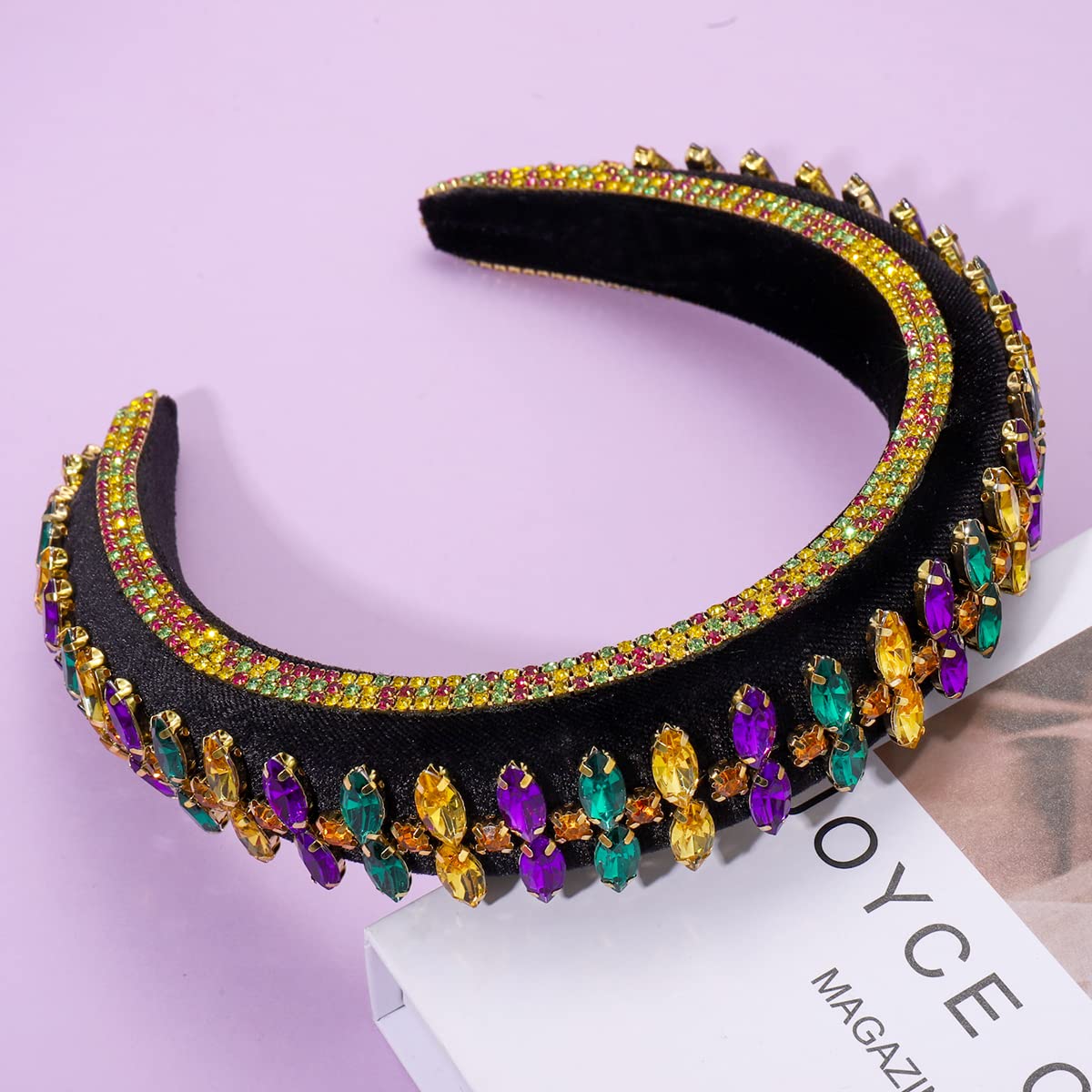 Crystal Mardi Gras Headband for Women Girls Sparkly Rhinestone Embellished Purple Green Yellow Hairbands Elastic Wide Carnival Hair Hoop Parade Headwear (Crystal)