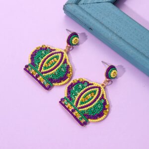 Beaded Mardi Gras Earrings for Women Purple Green Gold Earrings Temps Bons Fleur De Lis Carnival Earrings Jewelry Gifts (Hat)