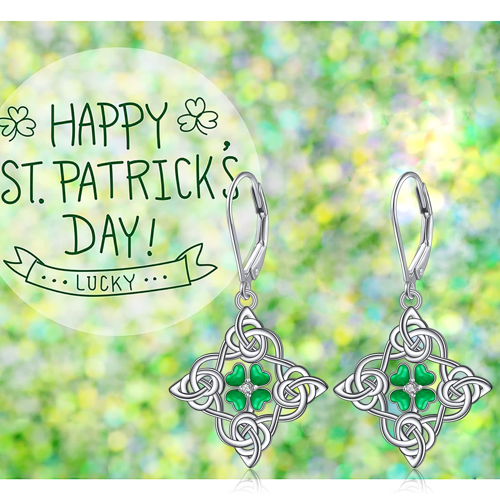 St Patrick’s Day Earrings Sterling Silver Shamrock Earrings Irish Celtic Four Leaf Clover Leverback Earring Green Jewelry Gifts