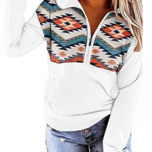 Fronage Women's Half Zip Sweatshirt Western Aztec Sweater, Casual Long Sleeve Mexico Ethnic Graphic Pullover Tops White, L